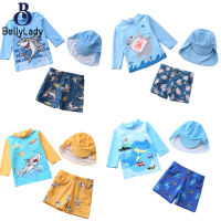 3pcs Boys Split Swimsuit Cartoon Shark Dinosaur Long Sleeves Swimwear Boxer Pants Swimming Cap【fast】