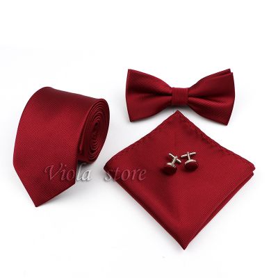 ﹍ 4 PCS Tie Set Solid Burgundy Navy 8cm Necktie Bowtie Handkerchief Cufflinks Polyester Mens Suit Wedding Party Cravat Accessory