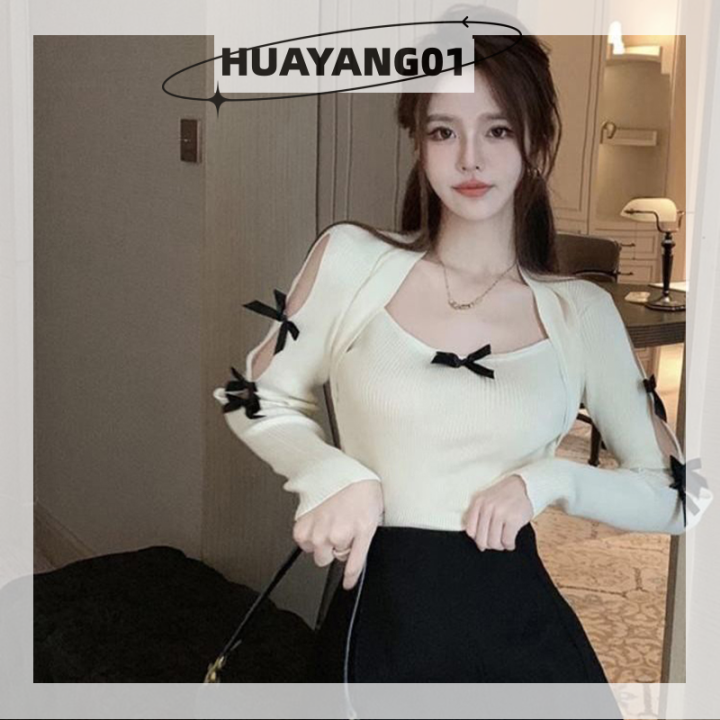 huayang01สเวตเตอร์ผูกโบว์หวานสำหรับผู้หญิง-เสื้อสเวตเตอร์คอเหลี่ยมแขนปิดไหล่ยาวเสื้อกันหนาวถักเพรียวบางสำหรับฤดูใบไม้ร่วง