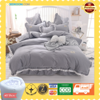 DD bedroom ชุดเครื่องนอน PC-110 สีเทาพาสเทล มีชายกระโปรง 5 ,6 ฟุต คอตตอน100% พรีเมียม ไม่ขุย ผ้าปูที่นอน แถมไส้นวมนุ่ม เก็บปลายทางได้