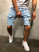 Summer New Mens Stretch Straight Short Jeans Fashion Casual Slim Fit High Quality Elastic Badge Pockets Hole Denim Shorts Male