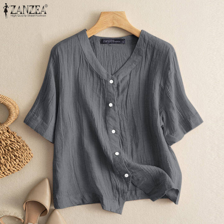 สินค้ามาใหม่-จัดส่งฟรี-fancystyle-zanzea-เสื้อยืดเสื้อจับจีบคอวีหลวมสำหรับผู้หญิงกระดุมวินเทจเสื้อเบล้าส์แบบลำลองเรียบ-2