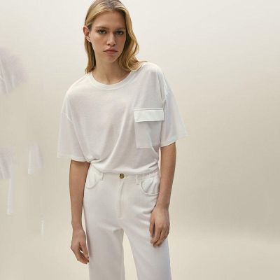 ☄❉✎MASSIMO DUTTI 2023ชุดเดรสหน้าร้อนดีไซน์ใหม่มีกระเป๋าผ้าฝ้ายตกแต่งด้วยตัวเองเสื้อยืดรอบคอสีขาว