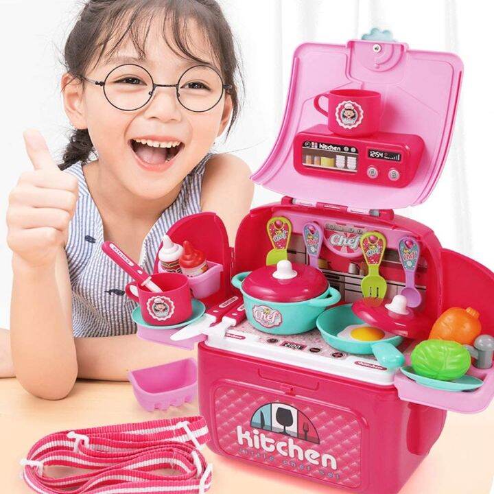 2 in 1 Kids Pretend Toy Playset Portable Kitchen Backpack Toy Early Age Development Educational