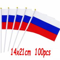 ZXZ 100pcs Russia national hand flag 14x21cm polyester double-sided printing RUS RUSSIAN hand flag with plastic flagpole