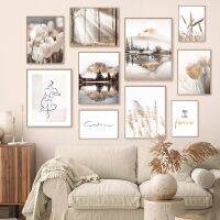 Nordic Simple Beige Lake Landscape Canvas Painting Poster Reed Wheat Ear Sofa Living Room Decor Print Wall Art Mural Frameless