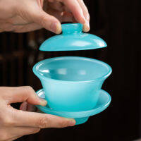 Tianqing หยก Porcelain Sancai Gaiwan ชาขนาดใหญ่ชามจีน kungfu ชุดชาแก้ว Azure Stone ชา tureen Premium ชุดชา