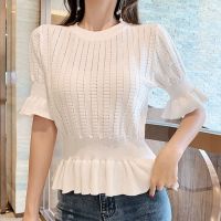 Knitted Blouse Women Fashion Slim White Top Hollow Short Sleeve Round Neck Korean Tops