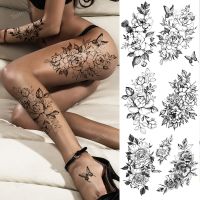 Tattoo Sticker Flower Big Body Art Waterproof Temporary Sexy Thigh Tattoos For Woman Tattoo Fake Water Black Sketch Line Sleeve