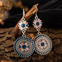 Vintage Ethnic Flower Oil Drop Dangle Hanging Earrings for Women Female Fashion Lovely Ear Ornaments Jewelry Accessories