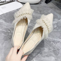 Lace Pointed Shallow Mouth Fairy Shoes Fashion Beads Pearl Flat Non-Slip Spring Korean Slim With Skirt Single Shoes