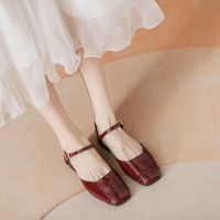 ஐ◙ Mid-heeled French sandals for women summer 2023 new style genuine leather red square-toe Mary Jane shoes with cap-toe thick heel single shoes