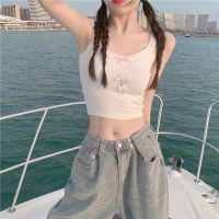 Cotton Crop Top Women Summer 2021 Double Shoulder Straps Design Cute Lamb Pattern Ribbon Lace Trim Sweet Tops for Kawaii Girls