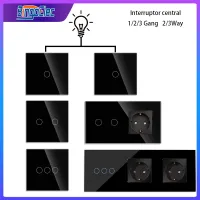 Bingoelec 1 2 3 Gang 2/3way Black Wall Light Touch Sensor Switch and Socket with Crystal Glass Panel Home Improvement