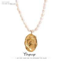 Yhpup Stainless Steel Jewelry Natural Pearl Chain Necklace Golden Portrait Pendant Collar Waterproof Accessories Party Gift