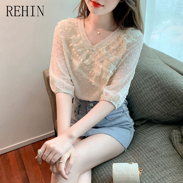 rehin-เสื้อเชิ๊ตผู้หญิงคอวี-เสื้อเชิ๊ตผู้หญิงผ้าชีฟองคอวีลูกไม้ฝรั่งเศสการออกแบบแฟชั่นใหม่ฤดูร้อน