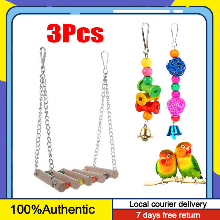 3Pcs Bird Parrot Toys Birdcage Swing Hammock Hanging Bell Chewing Toy