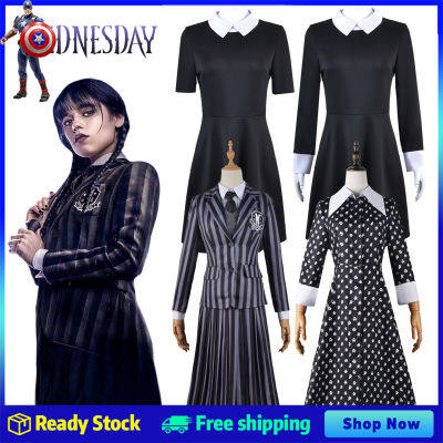 Wednesday Addams ชุดคอสเพลย์สำหรับเด็กผู้หญิงวันคริสต์มาสผู้หญิงชุดผู้ใหญ่เซ็กซี่สีดำสวยของขวัญฮาโลวีน