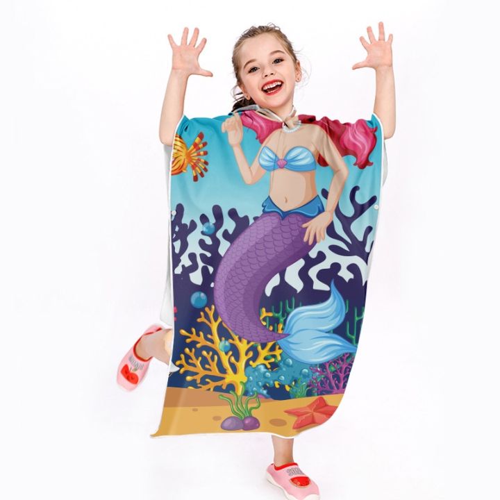 xiaoli-clothing-เสื้อคลุมอาบน้ำเด็กท่องชายหาดเปลี่ยนเสื้อคลุมการ์ตูนเมอร์เมดแห้งเร็วไมโครไฟเบอร์ผ้าขนหนู-p-oncho-เด็กสระว่ายน้ำผ้าขนหนูที่มีฮู้ด