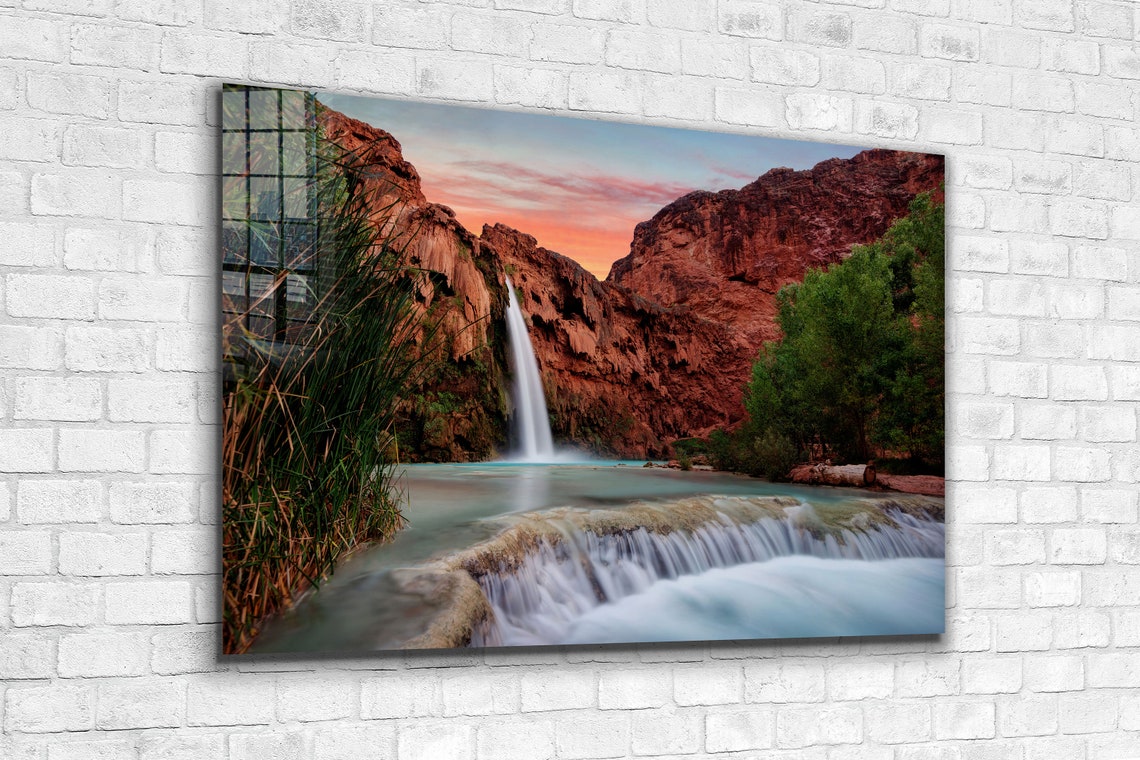Waterfall Landscape Canvas and Tempered  Glass Decor Christmas Gift Room Decor Art