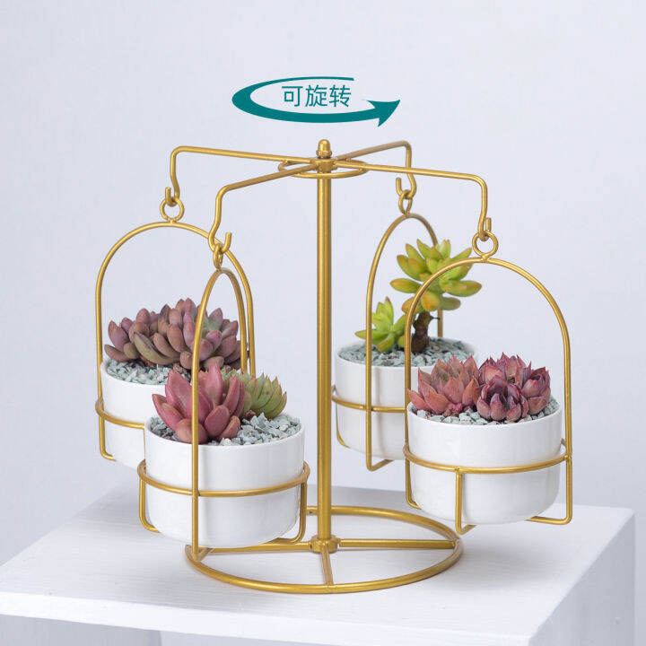 creative-carousel-hanging-pot-flower-stand-round-ceramic-succulent-flower-pot-combination-iron-frame-set