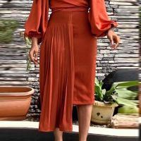 Pleated Skirts for Women Big Size High Waist Knee Length Package Hip Irregular Orange Skirt Evening Party  Summer Fashion