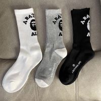 EARLY GATES ANEW FootJoy J.LINDEBERG❇✜♈ Japanese trendy socks bape ape head embroidered socks for men and women trendy black and white large LOGO towel bottom sports high socks