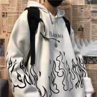 ร้อน, ร้อน★Chenghe Men Women Korean Style Hoodies Harajuku Flame Print Oversized Sweatshirt Streetwear Fashion Long Sleeve Pullover Shirt Tops Plus Size