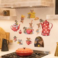 Cute Mouse Dessert Food Kitchen Wall Stickers  Teapot Mice Wall Art Decals for Dining Room Restaurant Refrigerator Kidsroom