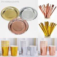 10Pcs Disposable Plates Gold Silver Party Plate Disposable Party Tableware Paper Cups Straws for Wedding Birthday Decor Supplies