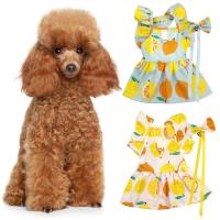 Pet Dog Cat Dress 1 Set Pet Skirt Square Neck Ruffle Sleeve Bowknot Collar Lemon Print Summer Pet Supplies Dresses