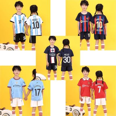 【Ready Stock】 22 23 New Season Paris Barcelona Ronaldo Messi Jersey for Kids Top Shorts One Set Boys Girls Soccer Clothes Kits