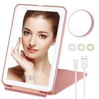 Folding LED Mirror Touch Screen Makeup Mirror 3 Colors Light Modes Cosmetic Mirrors USB Rechargeable Foldable Makeup Mirror Pens