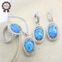 Luxury 925 Sterling Silver Blue Opal Bridal Jewelry Sets For Women Necklace Ring Pendant Bracelets Gift Box