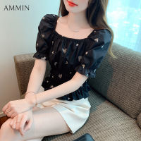 AMMIN เสื้อสตรีปักลายแขนสั้นผ้าฝ้ายสี่เหลี่ยมสีดำสำหรับผู้หญิงอารมณ์แฟชั่นสไตล์สไตล์เกาหลีปักลายเสื้อผ้าชีฟองแขนพองใหม่2023ฤดูร้อน