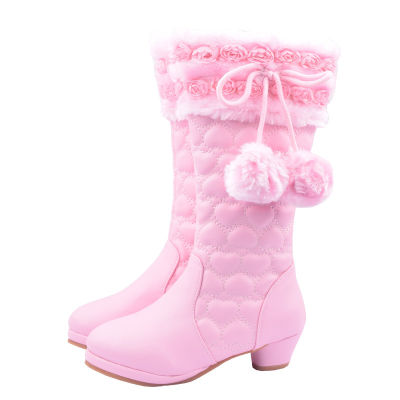 ULKNN Winter Snow Boot For Children Girls High-heeled Princess Leather Footwear Cute Shoes Comfortable Velvet Warm Non-slip Zip