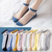 1 Pair Spring Summer Thin Glass Silk Small Daisy Crystal Shallow Mouth Socks/ Transparent All-match Ladies Ankle Socks