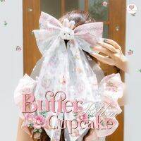 Butter Cupcake Ribbon กิ๊ปโบว์ใหญ่น้องกระต่ายโทนขาวชมพู แต่งผ้าตาข่าย น่ารัก