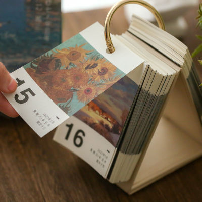 2022 Table Calendar with Unrepeated Oil Painting Inner Pages Desk Schedule Planner Daily Agenda Organizer Home Office Decoration