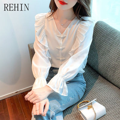 REHIN เสื้อแขนยาวผ้าชีฟองสีขาวสำหรับผู้หญิง,เสื้อผู้หญิงมาใหม่ล่าสุดฤดูใบไม้ร่วงการออกแบบที่ไม่เหมือนใครฝรั่งเศสเสื้อนางฟ้าหวานชิค