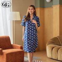 G&amp;G Nightwear รุ่น EN7P20 ชุดนอน เดรสกระโปรงแขนสั้น ลายสุนัขจิ้งจอก ผ้าไหมอิตาลี สีน้ำเงิน (NV)