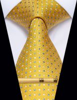 Fashion Yellow Men Tie with Clip Set Luxury Wedding Necktie for Man Shirt Waistcoat Accessories Party Dots corbatas para hombre