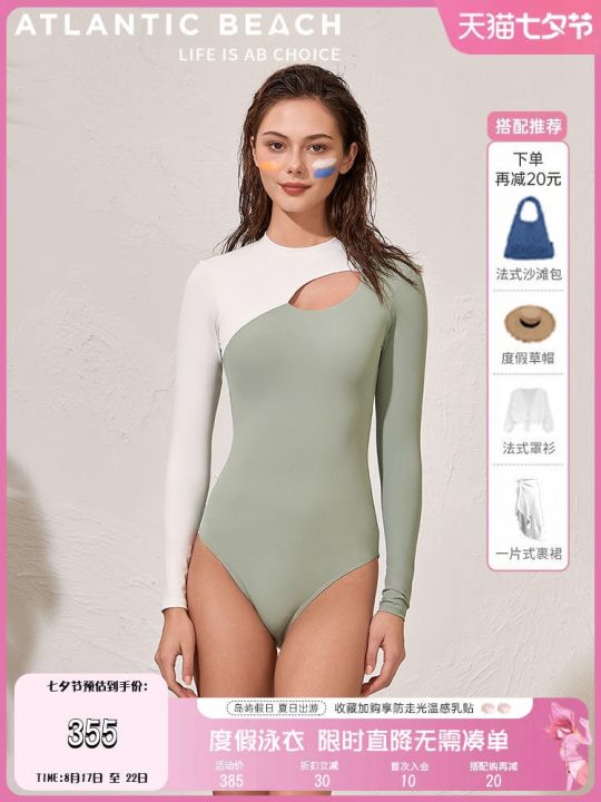 atlanticbeach-vacation-swimsuit-ladies-long-sleeved-conservative-competitive-surfing-suit-one-piece-swimsuit-to-cover-belly-and-look-thin