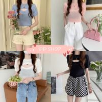 DD shop พร้อมส่ง 88116 เสื้อยืดแขนสั้นไหมพรม ดีเทลเว้าหน้าอก เกาหลีเบาๆ