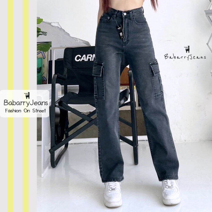 พร้อมส่ง-babarryjeans-กางเกงคาร์โก้-รุ่นคลาสสิค-original-กางเกงทรงกระบอก-cargo-เอวสูง-สีดำฟอก