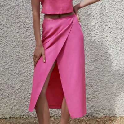 2021 Summer Women elegance Midi Skirt Tether High Waist A-line Skirts Hidden button holiday Middle length Slit Skirts Female