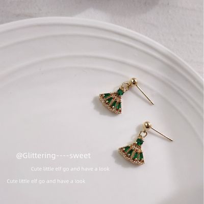 [COD] palace retro silver needle plated 14K real gold micro-inlaid zircon emerald fan-shaped earrings
