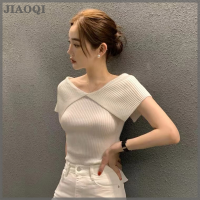 JIAOQI เสื้อยืดถักเข้ารูปเปิดไหล่สีพื้นสำหรับผู้หญิงสไตล์เกาหลีฤดูร้อน