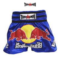 THAISMAI BS1195 กางเกงมวยไทย ผ้าต่วนน้ำเงิน ลายกระทิงแดง - THAISMAI THAI BOXING SHORTS BLUE SATIN RED BULL BS1195 THAIFIGHTPRO