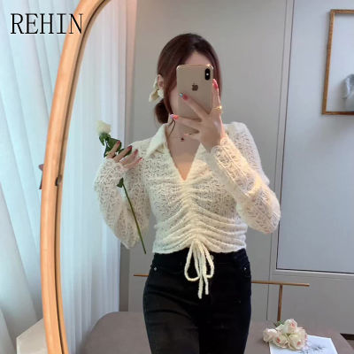 REHIN เสื้อลูกไม้คอวีสไตล์ฝรั่งเศสสำหรับผู้หญิง,เสื้อลูกไม้อัดพลีทรูดแบบบางเสื้อแขนยาวสวยหวาน